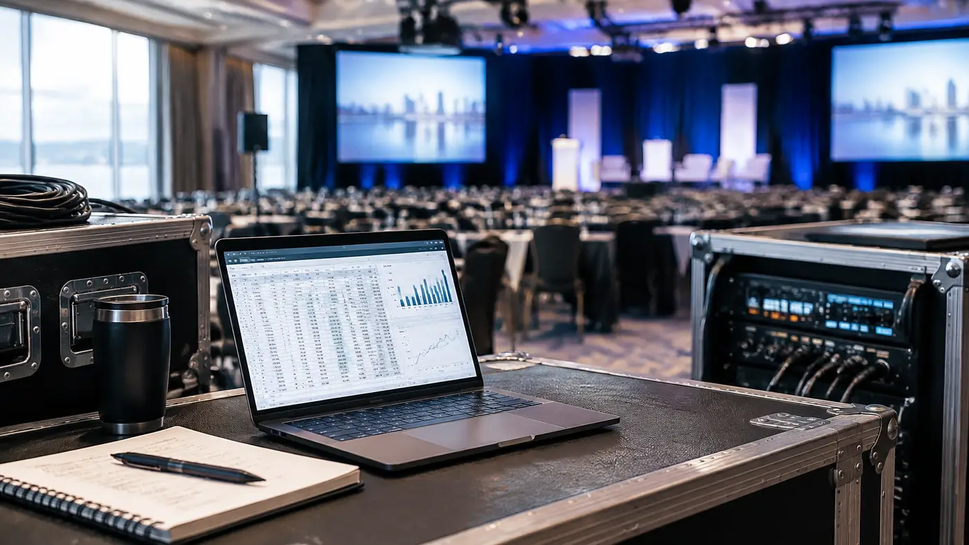 A production team preparing a stage for a live corporate event